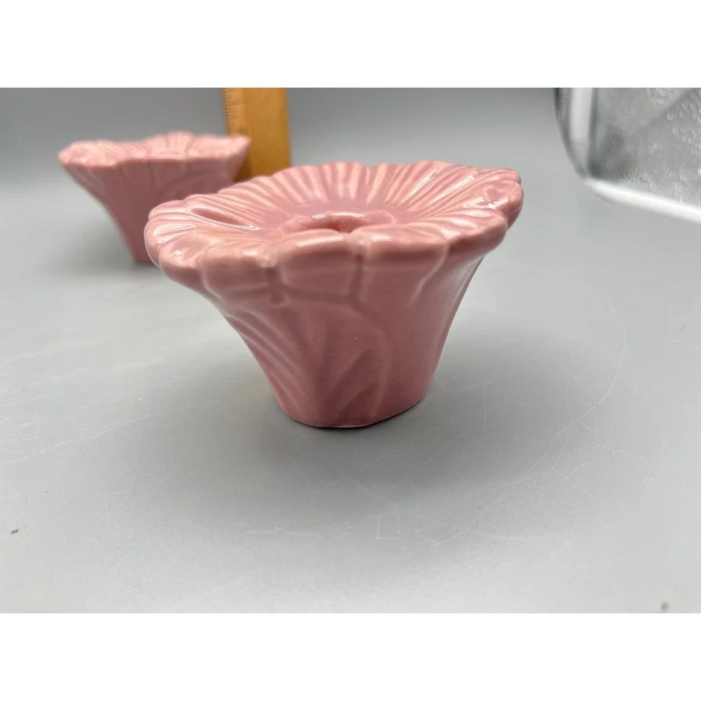 Pair Vintage Mid Century Pink Pottery Flower Candle stick holders‎